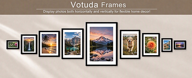 Remove all photos with people/family portraits from the black picture frames. Replace them with other types of beautiful colorful photographs: natural landscapes (mountains, beaches, sunsets, forests, lakes), cute animals and pets (dogs, cats, birds), colorful flowers and botanical scenes, city architecture, travel scenery, and nature photography. Each frame should have a different non-human subject. Keep everything else exactly the same: the 9 different sizes of black picture frames arranged horizontally on the warm beige interior wall, the soft natural sunlight shadow on the wall, the clean neutral home background, the top brown header bar with "Votuda Frames" title and the subtitle "Display photos both horizontally and vertically for flexible home decor!", all frame positions, sizes, and the overall composition remain unchanged. Photorealistic, warm earth tone aesthetic, commercial product photography, sharp focus, high detail.