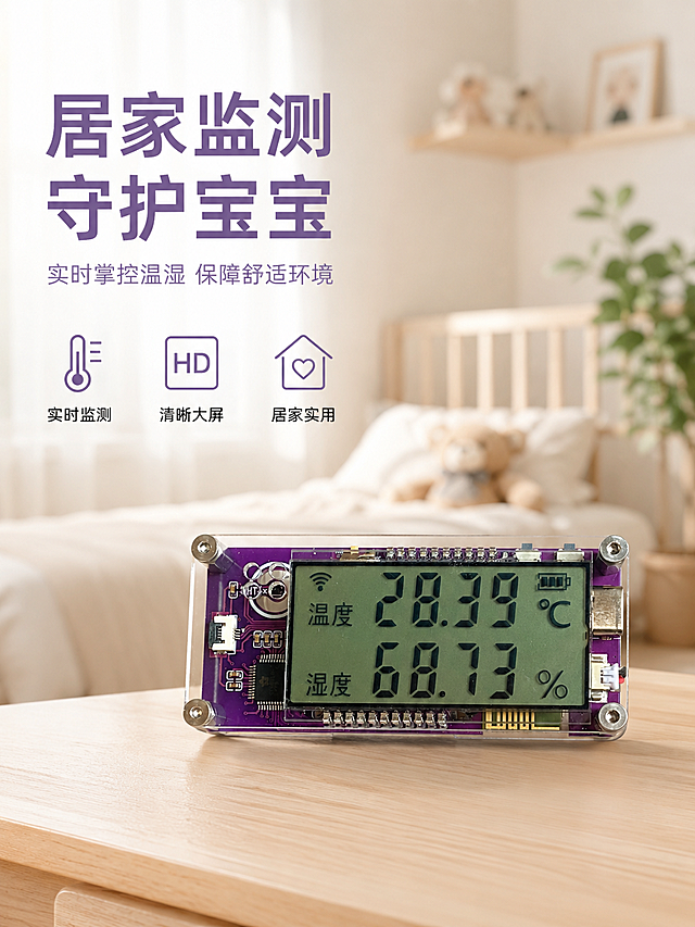 [单张主图] DIY温湿度计，高级氛围感主图，用于淘宝/天猫电商平台。
[画面主体] 保持输入产品图温湿度计的外观物理结构、材质质感、显示屏显示内容、颜色完全一致，杜绝任何变形和色差，精细化处理产品细节。产品主体居中放置，占画面比例约60%，突出温湿度计主体。
[构图版式] 采用真实使用场景型版式，产品置于画面偏右下位置，左侧留白放置文案，背景为居家温馨场景，场景做模糊虚化处理突出产品主体。
[场景元素] 背景为温馨明亮的婴儿房居家场景，柔和的浅木色家具、浅色纯棉床单、角落点缀一盆清新绿植，场景做浅景深虚化模糊处理，保证不抢产品主体关注度，整体氛围温暖舒适。
[文案版式] 左上留白左对齐，大字主标题："居家监测 守护宝宝"，浅紫色粗体无衬线字体；下方小字副文案："实时掌控温湿 保障舒适环境"，字号缩小约50%；底部三个轻图标卖点，分别标注：「实时监测」「清晰大屏」「居家实用」，线稿浅紫色图标配黑色小字。所有文字不遮挡产品主体，放置在自然留白区域。
[光影质感] 主光为左侧自然窗光，柔和明亮，辅光为右侧墙面漫反射补光，整体光影通透，产品边缘轮廓清晰，屏幕数字清晰可读，材质纹理真实，背景虚化呈现浅景深效果，商业摄影高清质感。
[配色字体] 主色调为浅暖米白，辅助色提取产品主板的紫色，低饱和度搭配，字体选用现代无衬线，主标题粗体醒目，辅助文字字重轻盈，层级分明。
[比例分辨率] 3:4比例，宽度900像素，高度1200像素，文字清晰锐利，超高清画质。
[负向提示词] 变形，水印，文字错乱，产品图模糊，背景杂乱，产品主体被遮挡，色差，结构错误，屏幕数字不清晰，伪logo。