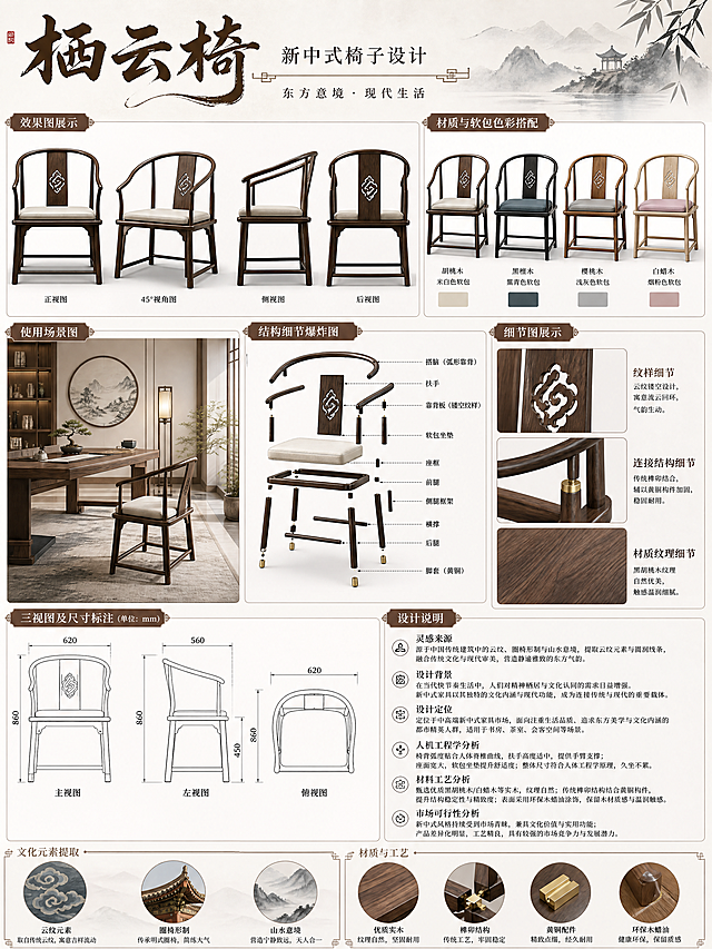 A3横版展板设计，展示新中式椅子设计。展板包含：不同透视角度4张效果图、不同材质与软包色彩搭配图1张、使用场景图1张；结构细节爆炸图1张、装饰纹样连接结构材质纹理细节图3张；主视左视俯视标尺寸三视图；设计说明包含灵感来源、设计背景、设计定位、人机工程学分析、材料工艺分析、市场可行性分析；展板大标题字体为具有中式特点的创意艺术字体，整体排版清晰分区明确，新中式风格设计。