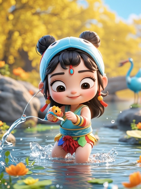 春天，3D小哪吒，穿着肚兜，在河水里捉鱼预览效果