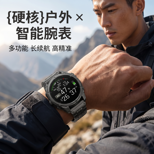 [主图 1] 亚洲男性模特手腕佩戴智能户外运动手表。硬朗户外休闲风格，真实商业场景展示。
[氛围风格] 户外登山场景，自然阳光氛围，专业运动质感。
[画质] 商业摄影质感、光线柔和通透、产品清晰真实、预览效果