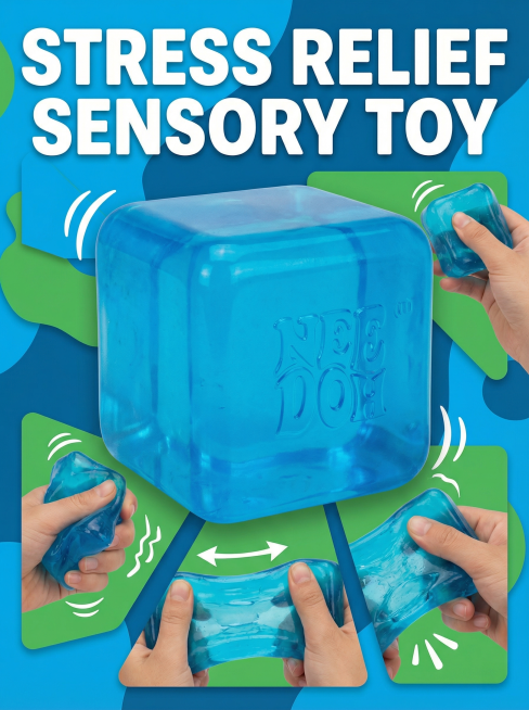 欧美跨境电商详情页第二张，3:4比例，主体是原图中的蓝色Nee Doh Nice Cube捏捏乐感官挤压玩具，产品严格保持原样不变，非白底背景，使用切片设计风格，产品不被切割，突出英文特性介绍"Str预览效果