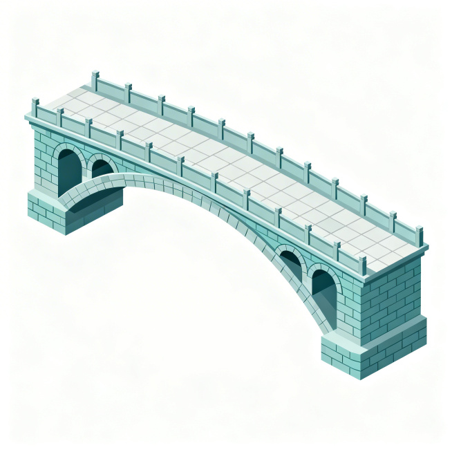 国风2.5D扁平化风格，45度斜视角，低模无复杂光影，纯白色背景，简洁线条，无阴影无渐变，干净清晰，高分辨率赵州桥敞肩拱小拱模块，青灰色石材质感，对称小拱造型，适合游戏GridMap模块使用预览效果