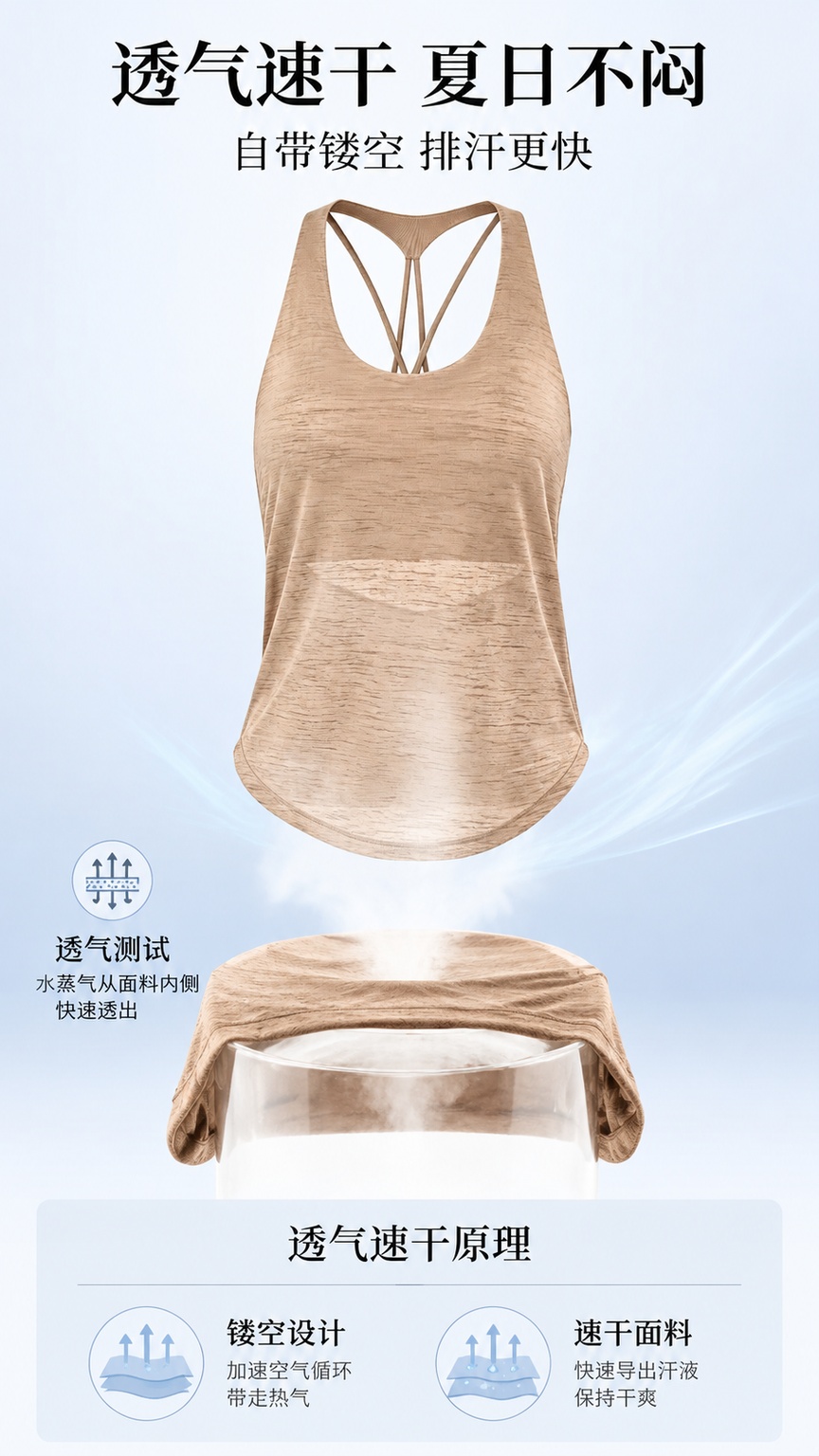 [第3屏] 面料功能测试页，夏季镂空美背瑜伽背心透气速干功能演… - 图片创意预览