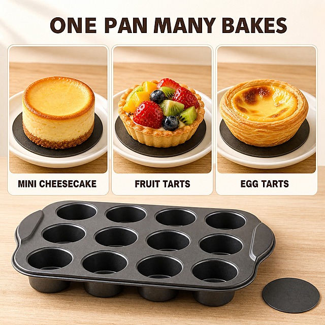 [主图-6] 商品名称「12-Cup Mini Cheesecake Pan with Removable Bottoms — Non-Stick Mini Cake and Tart Baking Pan for Cheesecakes, Tarts and Egg Tarts」。本张唯一任务：一盘多用的完成体验——同一盘可以烤出迷你芝士蛋糕、小挞与蛋挞。
[统一基调] 温暖诱人的烘焙厨具信息图视觉：纯净白到暖奶油白背景（#FFFFFF→#FBF3EA），深灰不粘烤盘配深可可标题（#4A3428）、暖灰褐辅助文字（#7C6A5E）与焦糖金强调（#C8892F）；单一几何无衬线粗体，仅以字号层级区分主副；卡片统一 16px 圆角白卡 + 1px 浅灰褐描边，图标 2px 线性描边；左上柔光。
[画面] 横向并排三张 16px 圆角白卡，每卡展示一种刚出炉的成品放在一只小小白瓷盘上，均以 30° 斜俯角拍摄、背景为浅木台面与暖白墙面：左卡为顶部平展、边缘金黄的迷你芝士蛋糕；中卡为圆形水果小挞，表面有整齐的果块；右卡为金黄色蛋挞，挞皮层次清晰、中心微盼；每张卡下方带深可可英文短标签；画面底部保留一条完整的深灰 12 杯不粘烤盘为语境组件，旁边平放一个拆下的圆形底盘，三个成品底部均带一个圆形底盘垫层，表明三者都用同一套盘具完成；画面中无人、无手。
[光影质感] 真实暖光与影棚柔光融合，酥皮与蛋糕表面有真实质感与细腻高光，产品与台面接触自然，不悬浮、不穿模。
[配色] 沿用统一基调；环境以暖白、浅木与烘焙金黄色为环境色，不出现高饱和干扰色块。
[文字版式] 主标题置顶部居中，深可可粗体大字 "ONE PAN MANY BAKES"；三张卡标签为深可可小号粗体 "MINI CHEESECAKE"、"FRUIT TARTS"、"EGG TARTS"；全图仅英文文案，禁止中文、错字。
[输出要求] 1:1 正方形；三种成品与烤盘杯位尺寸比例合理；负向：任何中文、尺寸数字、材质成分与认证字样、水印、平台 Logo、品牌铭牌文字、人物、手部、手指、食物悬浮、变形、模糊、杂乱。