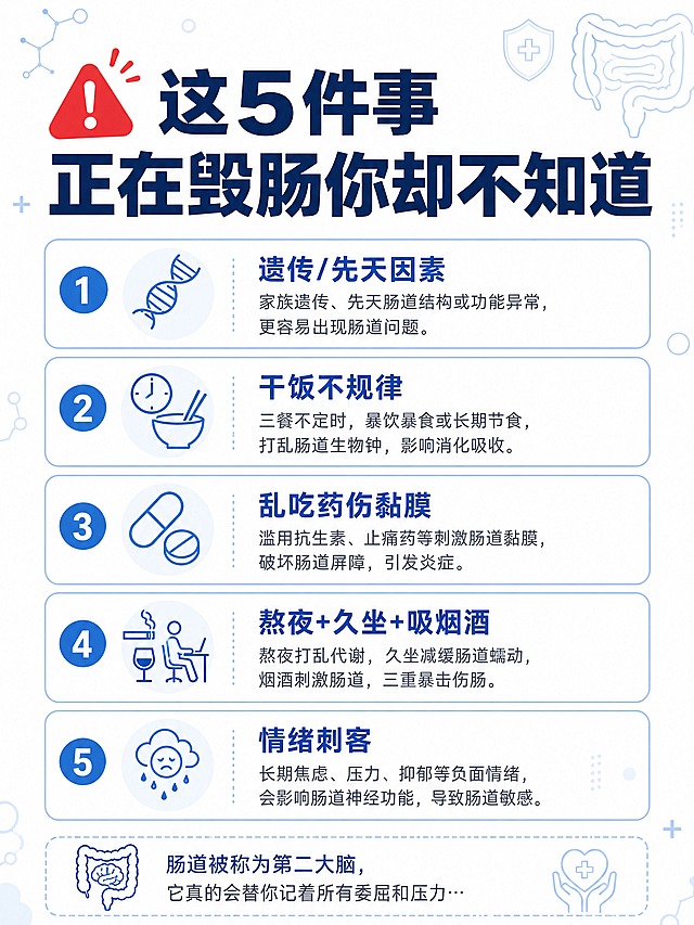 小红书笔记内页图，医疗线稿蓝色风格，版式精美，小红书笔记质感。主标题：「这5件事正在毁肠你却不知道」。主标题用深蓝色粗黑体，左侧配红色警示小图标。背景：白色干净底色，浅蓝色细线条医疗装饰元素。内容为5条毁肠行为清单，每条用数字编号+蓝色细线图标+文字说明的形式呈现：1.遗传/先天因素 2.干饭不规律 3.乱吃药伤黏膜 4.熬夜+久坐+吸烟酒 5.情绪刺客。每条文字简洁清晰，行距舒适。底部小字：「肠道被称为第二大脑，它真的会替你记着所有委屈和压力…」。整体风格：医疗科普线稿风，蓝白为主，红色少量点缀警示，极简线条插画图标，专业干净。画面比例3:4，4K。所有信息区域填充完整内容。