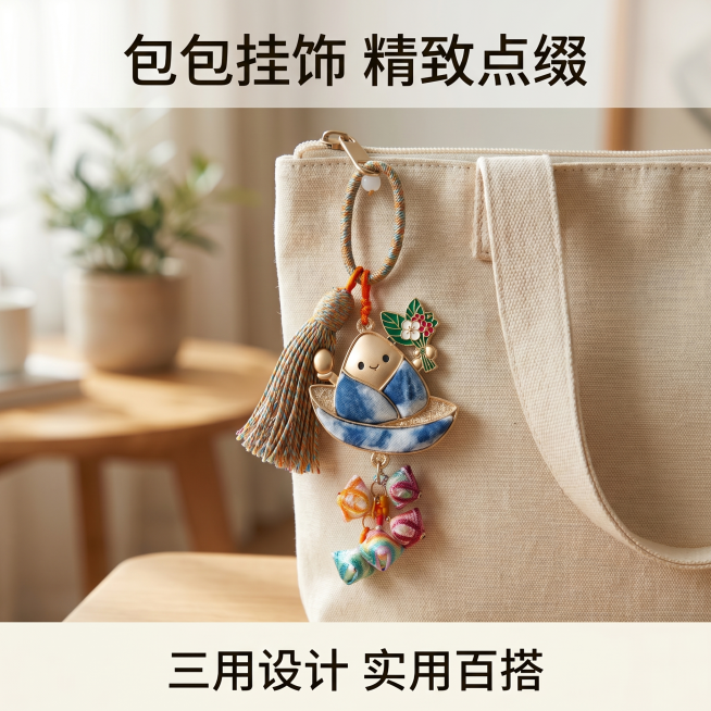 [主图 5] 帆布包挂饰搭配展示；
[氛围风格] 日常搭配，自然生活化；
[画质] 商业摄影质感、光线柔和通透、产品清晰真实、画面干净高级。
[元素] 短款扎染粽子挂饰挂在浅色帆布包拉链位置，展示包挂预览效果