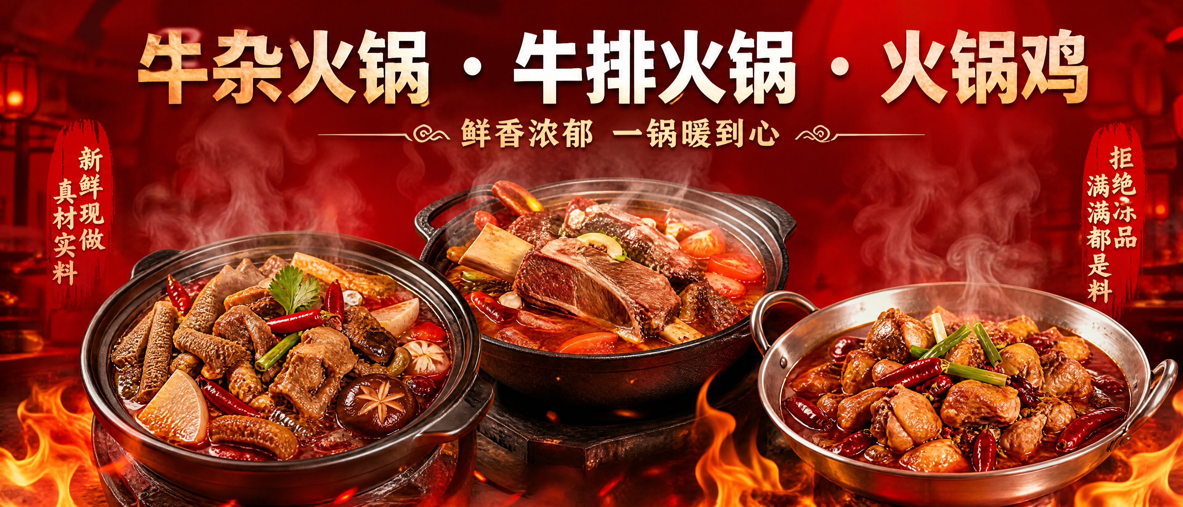 横向美食海报，整体大红色鲜艳风格，红色饱和度高，明亮热烈。深红… - 图片创意预览