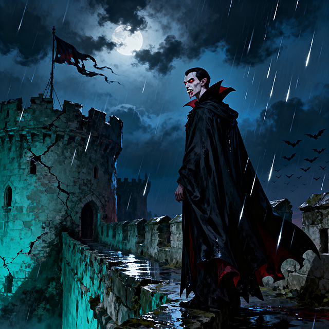 暗黑风格插画，雨夜废弃古堡，斗篷吸血鬼站在城墙上，乌云遮蔽月亮，压抑诡异氛围，强烈明暗对比，细节丰富富有叙事性
