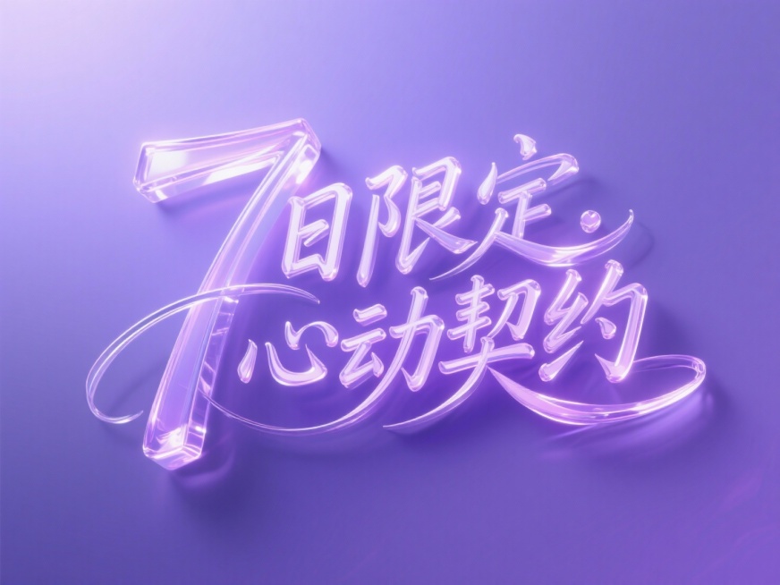 3d渲染玻璃透明质感，手写文字“7⽇限定.⼼动契约”，紫色背景，画面通透明亮，柔和的光线，多巴胺配色，栩栩如生，明亮，艺术，高清预览效果