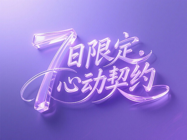 3d渲染玻璃透明质感，手写文字“7⽇限定.⼼动契约”，紫色背景，画面通透明亮，柔和的光线，多巴胺配色，栩栩如生，明亮，艺术，高清