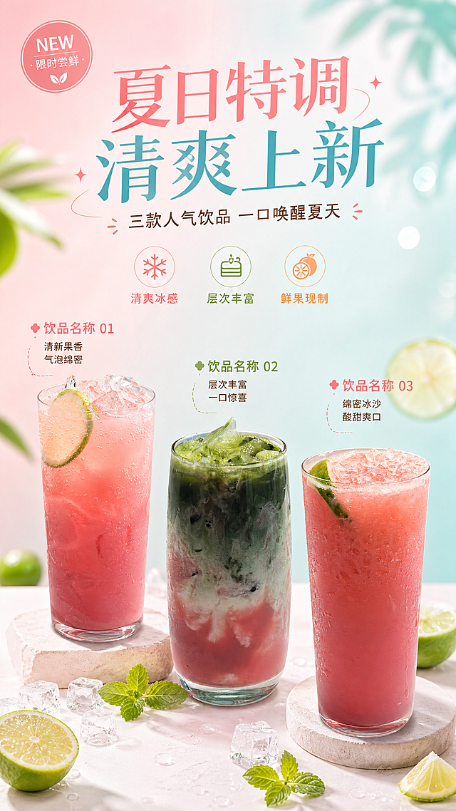 商业摄影风饮品组合海报，竖版9:16，轻松简洁、清透冰爽有食欲感。画面中三款饮品按上传顺序排列：【图1】粉柚气泡饮（高直身杯，粉色渐变气泡水，青柠片装饰，冰块）、【图2】渐变抹茶莓果饮（椭圆杯，上绿下粉渐变，云朵状奶盖纹理，冰块）、【图3】西柚冰沙饮（高直身杯，深粉色冰沙，青柠片装饰，碎冰），三款饮品100%还原上传商品图的外形、杯型、颜色、材质质感、液体层次和装饰，以上传图为唯一商品主体来源，设计仅作用于背景、光影、道具、版式和文字区。

画面构图：三款饮品呈阶梯式错落陈列于画面中下部，左右分布有节奏感，杯身通透，冰块晶莹，水珠凝露，清爽冰感。背景为柔和的浅粉到浅青渐变，干净明亮，点缀少量虚化的青柠片、薄荷叶和光斑，营造夏日清新氛围。顶部柔光侧光，阴影柔和浅淡，整体通透干净。

版式精美，文字区域清晰预留：
- 画面顶部主标题区：大字体主标题"夏日特调 清爽上新"，下方副标题"三款人气饮品 一口唤醒夏天"
- 左上角装饰标签"NEW · 限时尝鲜"
- 三款饮品旁各预留名称+介绍文案区，分别标注占位文字"饮品名称 01""清新果香 气泡绵密"、"饮品名称 02""层次丰富 一口惊喜"、"饮品名称 03""绵密冰沙 酸甜爽口"，文字不遮挡饮品主体
- 画面中部点缀三个卖点小标签："清爽冰感""层次丰富""鲜果现制"

画面中所有信息区域必须填充完整合理的内容，不得出现空白框、空白占位、横线待填写区域；文字清晰可读，层级分明，四周留足安全边距。整体风格轻松简洁、年轻有活力，激发尝试欲望。