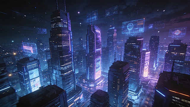 赛博朋克未来科技感背景，充满霓虹灯光的高耸赛博朋克摩天大楼群，未来都市夜景，空中布满全息广告投影，冷色调蓝紫霓虹配色，深色天空搭配闪烁灯光，充满未来科幻氛围感