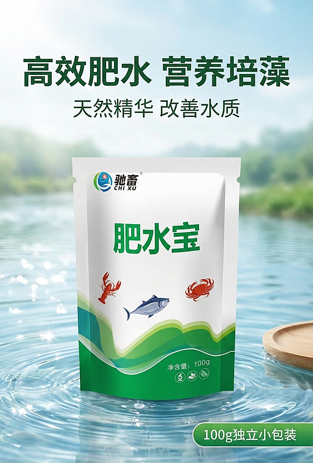 [垫图] https://gdesign-dam-hz.dancf.com/35862377578746908/867bf8ab9dd647e9b4cbe0250eb43bb4.png
[主图主题] 驰畜肥水宝 水产养殖专用产品首图
[氛围/风格] 专业农资电商风格，清新自然，干净清爽
[画面元素] 产品包装袋居中放置，背景为清澈鱼塘水面，水面波光粼粼，远处有朦胧的绿色水岸，阳光柔和漫射，整体干净通透，产品完整展示无遮挡，背景铺满全屏无边框
[配色色系] 主色调：绿色 蓝色；辅助色：白色 原木色
[视角构图] 平视拍摄，产品主体占据画面中心位置，占比约60%，景深适中
[文字版式] 大标题 " 高效肥水 营养培藻 "，副标题 " 天然精华 改善水质 "，右下角绿色圆角标签 " 100g独立小包装 "，字体为简洁无衬线体，主标题深绿色大字号，副标题白色中字号，文字悬浮于画面上方留白处，标签位于右下角，整体构图平衡，卖点清晰。