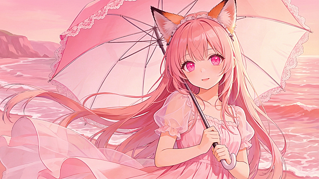 去掉右下角文字，将原黑色背景替换为粉色海洋背景，保留原图中的粉发狐耳女孩、粉色蕾丝雨伞和粉色连衣裙