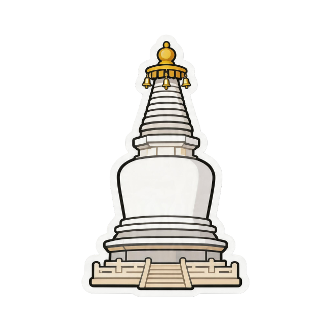 参考第一张图的古建筑矢量插画贴纸风格，以后面几张五台山白塔的照片为原型，生成一张同款风格的五台山白塔古建筑插画，扁平卡通风格，色彩明快，保留白塔整体造型和标志性金顶细节，贴纸样式，适合用作贴纸素材预览效果