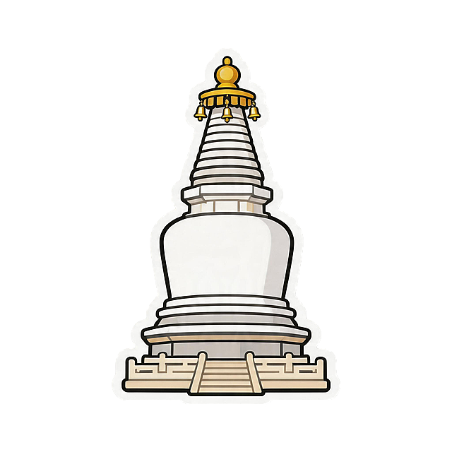 参考第一张图的古建筑矢量插画贴纸风格，以后面几张五台山白塔的照片为原型，生成一张同款风格的五台山白塔古建筑插画，扁平卡通风格，色彩明快，保留白塔整体造型和标志性金顶细节，贴纸样式，适合用作贴纸素材