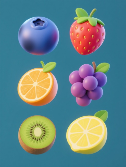 一组软3D风格的水果系列海报，包含蓝莓、草莓、橙子、葡萄、柠檬、猕猴桃，每个水果都有饱满的体积感和光滑的渐变色彩，搭配几片绿色叶子，背景为纯色，六个水果元素规整地排布在画面中，形成统一的视觉风格，整体色彩明快鲜亮，具有清晰的视觉层级和高效的信息传达，符合现代简约的设计感。预览效果