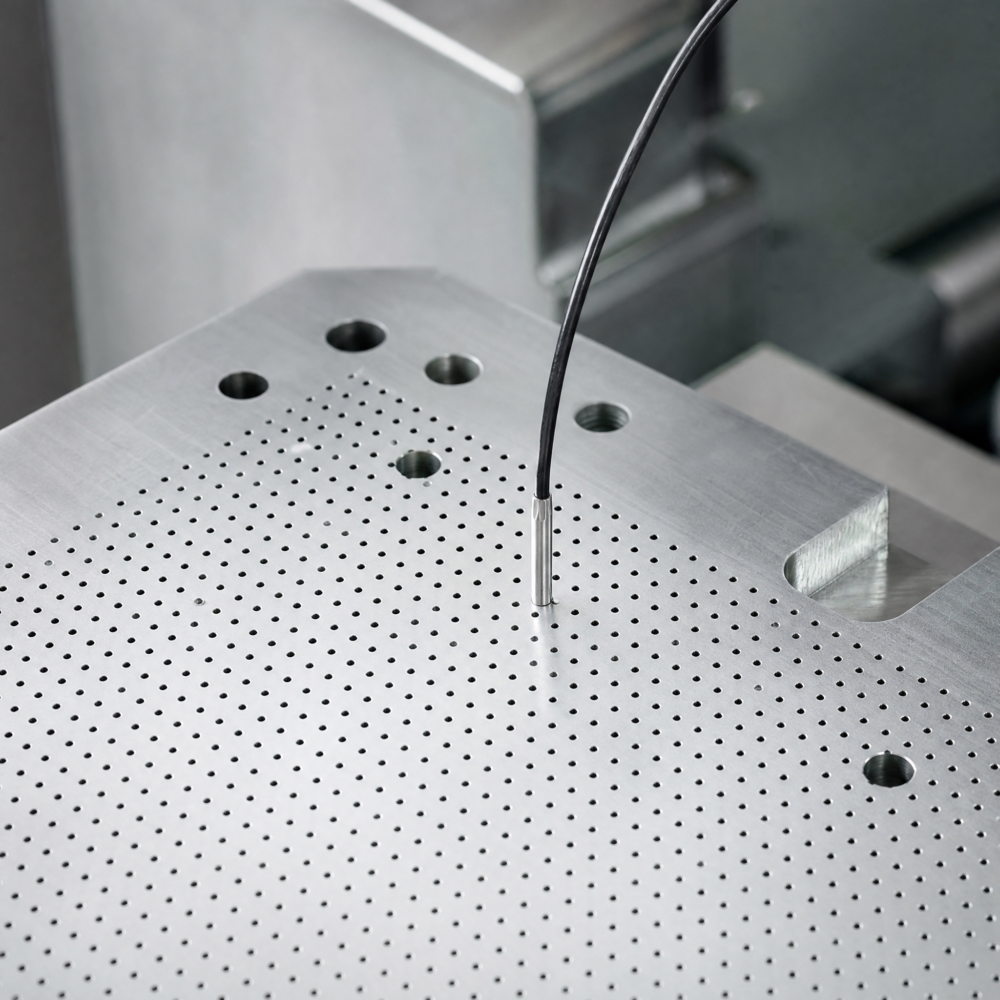 将图中的温度传感器探头放入带有极细孔洞的金属模具中进行测温的工… - 图片创意预览