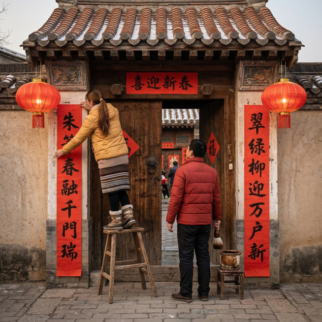 将这张插画转换成实景摄影图，还原春节一家三口贴春联的真实场景，真实人物，真实中式传统民居大门，实景红灯笼，真实纸质春联，写实光影，自然生活感，2K分辨率预览效果