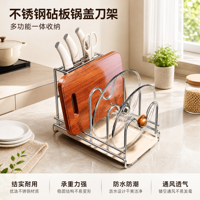 [主图-1] 厨房场景展示不锈钢砧板锅盖刀架首图。氛围风格为现代简约明亮厨房风，整洁实用感。要求商业摄影质感、光线柔和通透、产品清晰真实、画面干净高级。不锈钢砧板锅盖刀架放置在浅米色石英石厨房台面上，预览效果