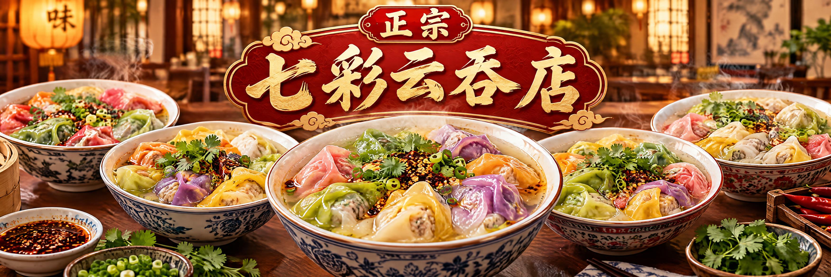 正宗七彩云吞店海报设计，1053x264宽幅横版构图，画面展示… - 图片创意预览