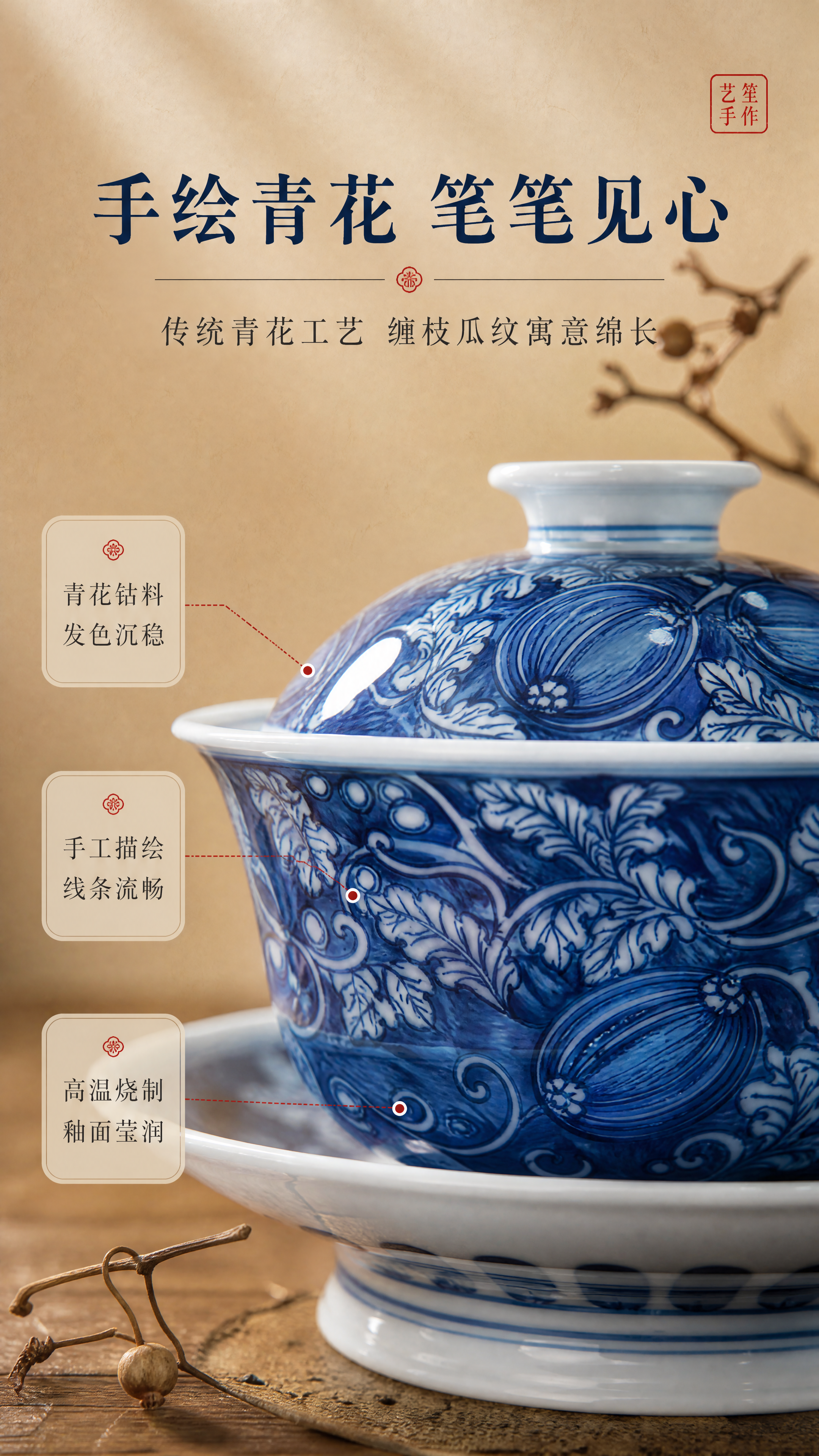 [商品] 使用【图1】艺笙手作瓜瓞绵绵青花盖碗套组；重点保留青… - 图片创意预览