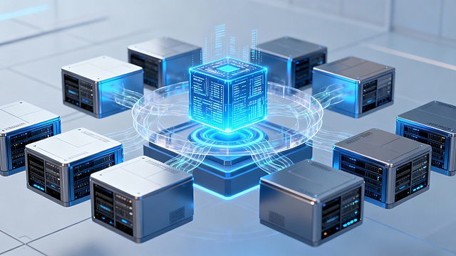 Advanced blockchain system architecture, floating modular servers, radiant decentralized core emitting blue light, clean minimal tech environment, premium 3D render quality, no text, 16:9