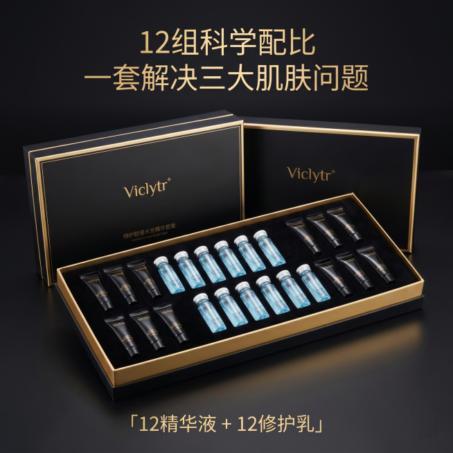 [主图 5] 薇丽缇特护舒缓水光精华套装全家福主图
[氛围风格] 黑金色高级仪式感，奢护礼盒送礼自用氛围
[画质] 商业摄影质感，产品清晰，光影高级，超高清
[元素] 打开的黑金礼盒平铺展示，整齐排列预览效果