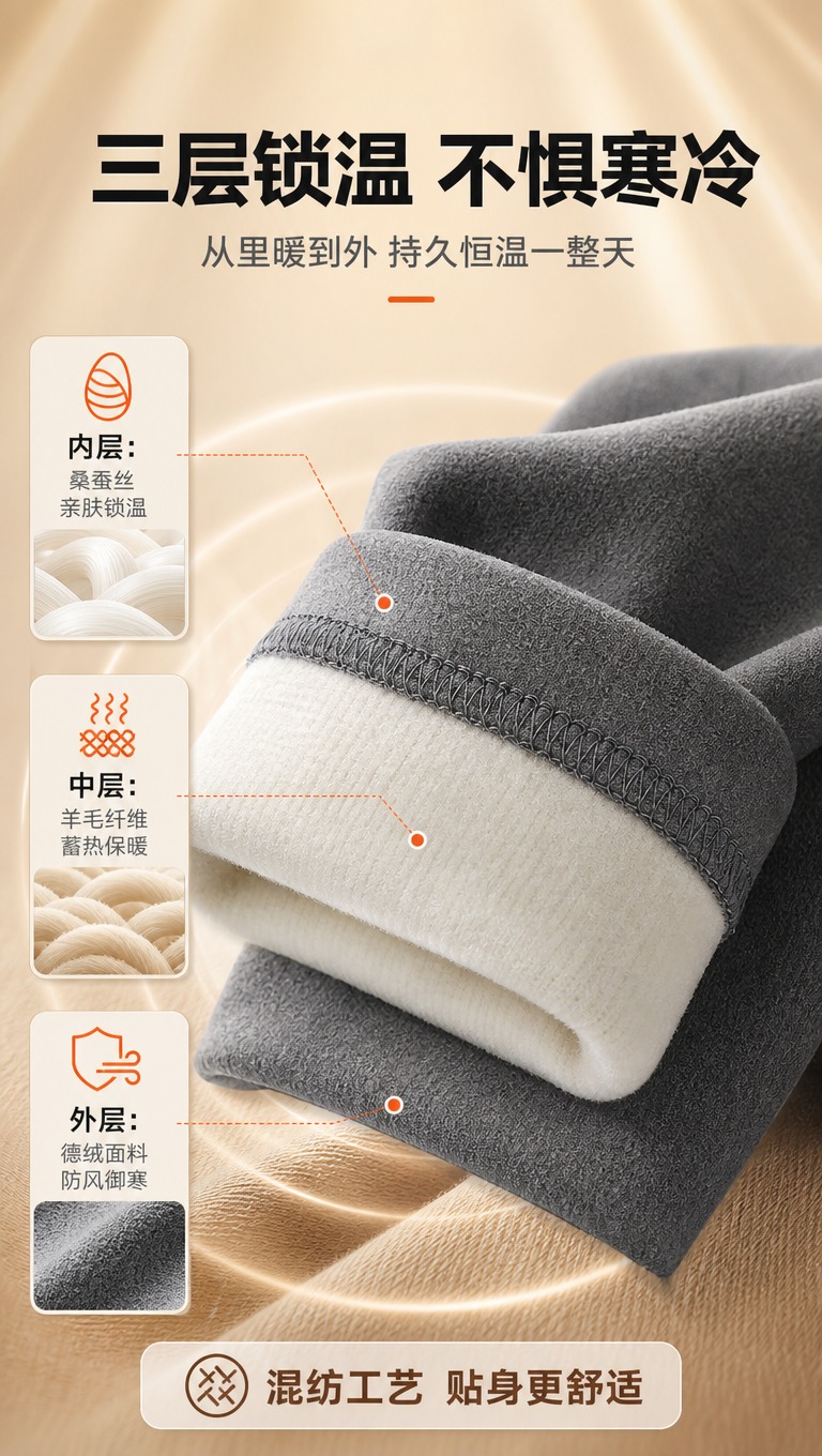 [商品] 使用【图1】男士德绒保暖裤裤脚翻边细节；保留外层灰绒… - 图片创意预览