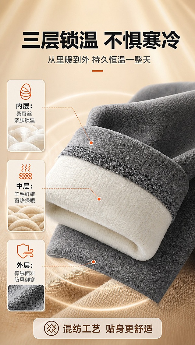 [商品] 使用【图1】男士德绒保暖裤裤脚翻边细节；保留外层灰绒、内层白绒、缝线结构、颜色和材质；增强两层绒面对比质感和缝线清晰度，不改变结构。
[画面] 目标：三层锁温原理示意，展示从里到外的保暖结构。构图：中间产品裤脚翻边特写为主体，左右两侧配保暖层示意图标和文字。主体占画面55%。背景为暖米色渐变，点缀暖光射线效果表现锁温。
[视觉] 套系策略：风格=国内电商暖调高级商业摄影；标题字=粗黑无衬线简体中文；正文字=常规无衬线简体中文；主色=深炭灰+暖棕；背景延展=基于暖棕、米灰做深浅层级、同色渐变和细腻织物/木纹质感；强调色=暖橘红，仅用于小面积图标、引线和标签；标题色=深炭灰；正文色=中暖灰；组件=圆角暖底信息卡、细线引线、暖光光晕；光影=左前侧暖柔光，柔和阴影。
[文字] 顶部主标题「三层锁温 不惧寒冷」，副标题「从里暖到外 持久恒温一整天」。中间产品周围用引线标注三层结构：「内层：桑蚕丝 亲肤锁温」「中层：羊毛纤维 蓄热保暖」「外层：德绒面料 防风御寒」。底部加一句「混纺工艺 贴身更舒适」。
[规格] 图片比例9:16竖版，4K分辨率，medium质量。避免变形、错字、文字过小、冷蓝背景、颜色改变、结构失真、模特、人物。