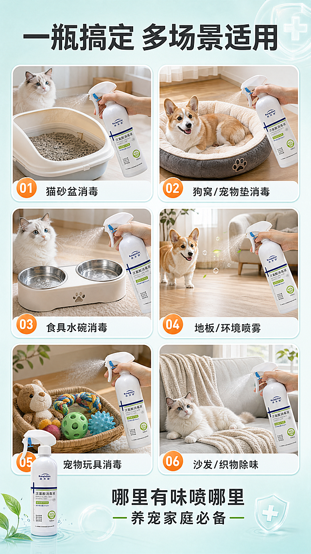 [商品] 使用【图1】康来健次氯酸消毒液产品图，在每个场景小图中融入产品喷雾使用的画面；保留产品原貌。
[画面] 第5张·使用场景页，目标展示多场景应用。2×3六宫格拼图布局，每格一个真实使用场景：1.猫砂盆消毒 2.狗窝/宠物垫消毒 3.食具水碗消毒 4.地板/环境喷雾 5.宠物玩具消毒 6.沙发/织物除味。每格场景真实自然，有喷雾动作示意，画面明亮温馨。顶部大标题，底部总结语。背景为浅蓝绿色，每格有圆角边框。
[视觉] 套系策略：风格=清新医疗感+温馨宠物家庭风，商业摄影级质感；标题字=粗黑体大号醒目；正文字=清晰无衬线黑体；主色=医疗蓝+清新绿；背景延展=基于蓝绿色做深浅渐变、同色系层次和柔和光晕质感；强调色=活力橙，仅用于场景编号和标签；标题色=深炭灰；正文色=中灰；组件=圆角场景卡、编号标签、喷雾动效线；光影=各场景内自然柔和光线，统一暖调。
[文字] 顶部主标题"一瓶搞定 多场景适用"；每格下方标注场景名称；底部文字"哪里有味喷哪里 养宠家庭必备"。文字均为横排。
[规格] 图片比例9:16竖版，4K，负向提示：避免错字、文字过小、产品变形、极限词、恶心画面。