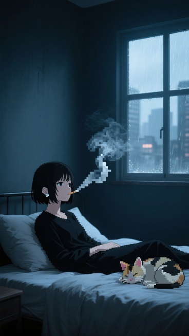 像素风格插画，室内场景。很大的房间里，日式动漫脸，黑色齐耳短发 右边耳朵戴着银色耳钉 女孩卧坐于床头，靠着枕头，身着黑色衣物，香烟烟雾呈像素化。身边有只花猫在睡觉，背景为深色墙面，墙上有扇窗户，能看到预览效果