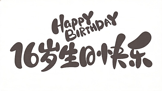 基于参考图的字体风格，将文字修改为"16岁生日快乐"，上方小字保持"Happy Birthday"，深灰色文字，纯白色背景，保持圆润粗手写字体风格，大弧度曲线笔画，字间紧密咬合，整体活泼俏皮，文字整体必须完整呈现在画面内不可被裁切，四周留有安全边距，不得出现多余文字。