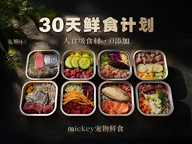 小红书宠物鲜食首图，高端深色质感风格。画面主体是8个铝箔鲜食餐盒整齐排列，食材丰富新鲜，有牛肉、三文鱼、蔬菜等。背景为深灰色或黑色高级质感背景，左侧有绿色植物叶子点缀，光影有层次，侧逆光勾勒食材轮廓，突出食材的新鲜质感和高级感。画面上方有大标题文字“30天鲜食计划”，字体粗体有力；中间有副标题“人食级食材 · 0添加”，字体纤细优雅；底部有品牌名“mickey宠物鲜食”。整体构图居中偏上，产品占画面50%，氛围高级有格调。商业摄影质感，高清细节，暗调高级风。