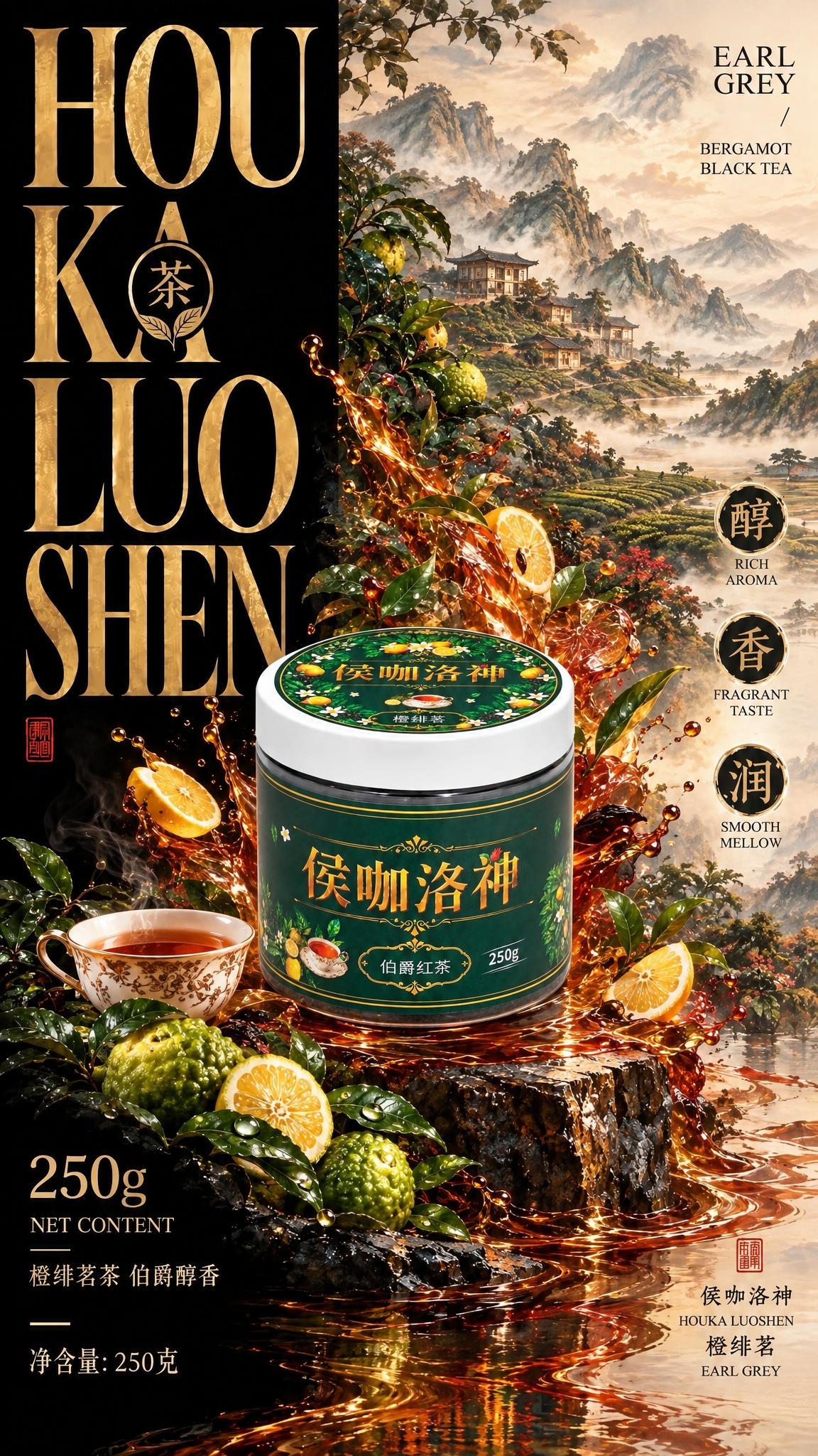 电商商品海报，9:16竖版，国风水墨高端风格，黑金红棕配色，伯… - 图片创意预览