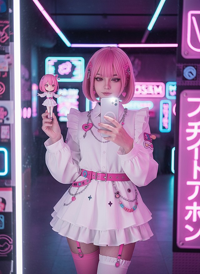 cosplayer真人照片，根据该图生成一张现实生活中扮演该角色的写实风格，人物所在的写实场景与原作相对应，人物一只手抬起拿着手机对着镜子正在自拍，另一只手靠近镜头托着带有与该cosplayer照片相对应的玩偶手办。