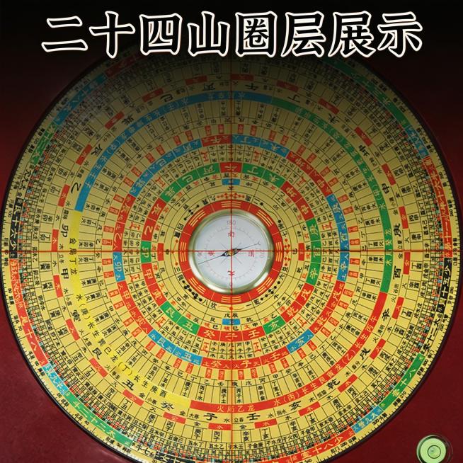 [主图主题] 激光罗盘二十四山圈层展示
[氛围/风格] 中式简约专业
[画面元素] 完整展示罗盘二十四山整圈盘面，保持原有文字和分层配色，文字清晰可辨，整体居中放置
[配色色系] 保留原盘金底红、绿、预览效果