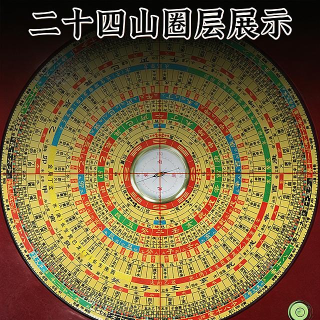 [主图主题] 激光罗盘二十四山圈层展示
[氛围/风格] 中式简约专业
[画面元素] 完整展示罗盘二十四山整圈盘面，保持原有文字和分层配色，文字清晰可辨，整体居中放置
[配色色系] 保留原盘金底红、绿、蓝分层配色，深色背景
[视角构图] 完整居中展示，整个盘面占画面80%，清晰展示整圈圈层布局
[文字版式] 顶部文案 "二十四山圈层 分层清晰"，黑色粗体，清晰明亮，悬浮于背景不遮挡盘面
[比例分辨率] 2k分辨率