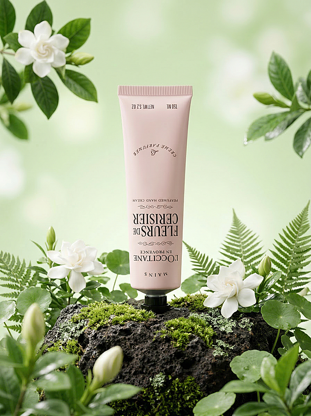 将护手霜产品自然融入自然场景，画面正中央直立放置产品，产品放置在一块质感粗糙的深色岩石上，岩石表面覆盖着鲜活翠绿的青苔，岩石周围布置着盛开的纯白色栀子花、绿色蕨类植物和圆润绿叶，背景是干净柔和的浅绿色渐变，前景绿叶和花苞轻微虚化，背景柔焦，整体氛围自然清新。保持产品原有Logo和文字原样不变，保持产品主体物理结构不变，商业高调摄影，柔和漫射光，前中后景层次，三分法视觉重心，8k分辨率，超细节，光线追踪，逼真材质表现，瓶身通透。负面提示：瓶身扭曲，文字错误，Logo变形