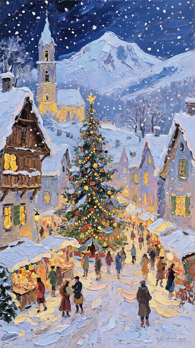 欧洲中世纪风格的雪中小镇，房屋覆盖厚雪，木质阁楼透出暖黄色灯火，街道上是热闹的圣诞市集，行人逛游，画面中心有一棵装饰华丽的巨型圣诞树，远处有教堂塔楼、雪山、夜空，雪花飘落，圣诞小镇全景，氛围静谧与浪漫。