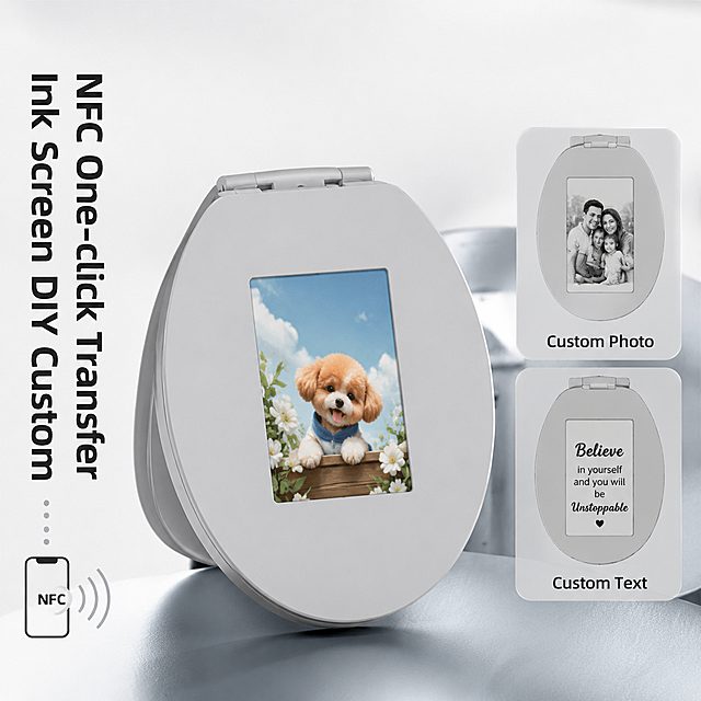 [Main Image 3] DIY Custom E-ink Display highlight main image.
[Style & Atmosphere] Technology minimalist style, consistent with the overall set style, meet European and American cross-border e-commerce aesthetic.
[Picture Quality] Commercial photography, clear product details, high resolution, realistic material, consistent product appearance with the original image.
[Elements] Focus on the ink screen display part of the product, show the customized picture on the ink screen, and the side shows NFC one-click image transfer function. Two small close-up windows on the right side display different customized patterns: custom photo and custom quote text, highlighting unlimited personalized replacement. The product is placed in the center, and the background is clean light gray technology wind desktop.
[Light & Shadow] Soft side backlight, outline the product outline, ink screen display is clear and bright, the picture details are clearly visible, the edge has high light transition.
[Color Matching] Coordinated with the overall gray and wood color matching, the picture is fresh and layered.
[Perspective & Composition] Close-up perspective, focus on the ink screen area, the picture is full and no border.
[Text Layout] Left vertical large title "NFC One-click Transfer
Ink Screen DIY Custom", right below the two small pictures are marked "Custom Photo" and "Custom Text", all text in English, clear level, prominent focus. 1:1 proportion, 2048px resolution, ultra clear.
[Negative prompt] Deformed, watermark, text disorder, unclear ink screen, messy background, Chinese characters