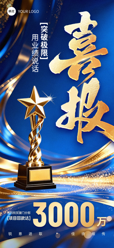 企业业绩喜报宣传蓝金奢华商务感线上渠道全屏竖版海报预览效果