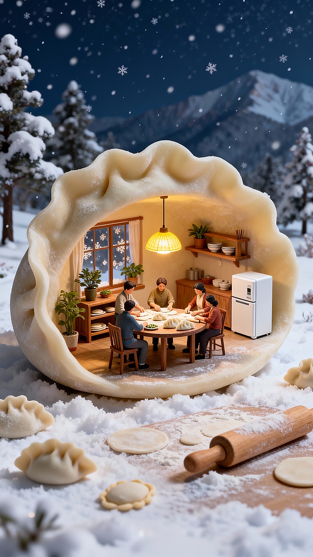 画面主视觉是巨型饺子造型的立体空间，内部暖黄吊灯，一家人围坐圆桌包饺子，装饰落地窗、木质置物架（摆绿植、餐具）、白色家电；外部是雪地场景，地面覆盖蓬松积雪，散落饺子造型装饰与擀面杖，背景为覆雪的树木、山脉与飘雪的夜空。