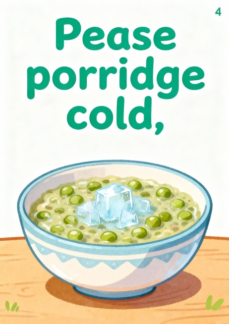 请制作A4竖版儿童卡片 1：
Pease porridge hot,
Pease porridge cold,
Pease porridge in the pot,
Nine days old.
So预览效果