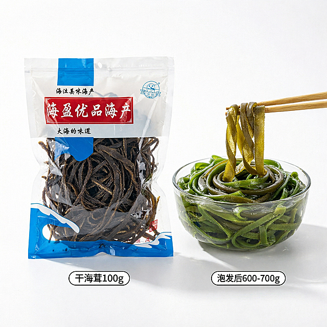 将图中左侧的干海茸包装替换为新的海盈优品海产包装，右侧泡发好的海茸替换为新的泡发海茸图，保持原有画面的文字、箭头、布局和风格不变