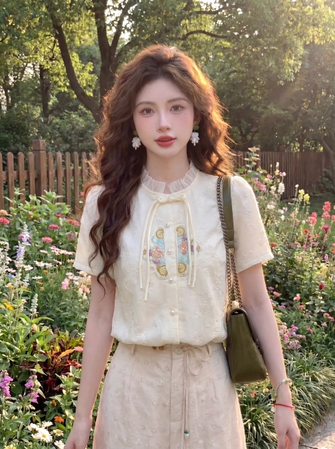 将图1的米白色提花立领短袖上衣（带荷叶边领、盘扣与彩色刺绣），完整替换到图3人物身上，仅更换上衣，保留图3的人物面部、发型、耳饰、下装、背景花园环境全部不变，4K高清预览效果