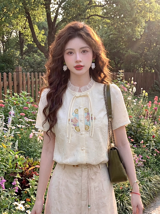 将图1的米白色提花立领短袖上衣（带荷叶边领、盘扣与彩色刺绣），完整替换到图3人物身上，仅更换上衣，保留图3的人物面部、发型、耳饰、下装、背景花园环境全部不变，4K高清