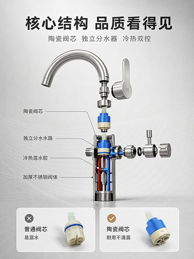 [商品] 使用【图1】304不锈钢厨房冷热水龙头（带分水器款）；保留大弯管造型、侧面分水器小开关、单柄冷热水控制、304不锈钢拉丝银色外观、阀体结构与比例；金属表面精修，不改变结构和颜色。
[画面] 页面目标：结构材质证明，拆解阀芯与分水器内部结构。爆炸/剖面型，画面中央为龙头主体半拆解状态，阀体部分做剖面处理，露出内部陶瓷阀芯结构，侧面分水器部位分离展示独立水路结构，手柄与阀芯组件微微抬升悬浮在主体上方，用细线引线标注各部件名称；背景为浅灰色渐变底，带微弱的科技感网格底纹；整体构图居中对称，主体占画面约60%；底部两个圆角小对比图框，左为普通塑料阀芯，右为本品陶瓷阀芯。
[视觉] 套系策略：风格=专业品质干净高级的现代家装电商摄影风；标题字=无衬线粗体；正文字=简洁无衬线体；主色=浅灰+米白暖调；背景延展=基于浅灰米白做深浅层级、同色渐变和细腻石材/墙面质感；强调色=不锈钢拉丝金属银，仅用于小面积图标、引线和标签；标题色=深炭灰；正文色=中暖灰；组件=圆角浅底信息卡、细线引线、简约图标；光影=侧前光均匀打亮金属表面，剖面结构有体积感和材质区分。
[文字] 顶部主标题「核心结构 品质看得见」，副标题「陶瓷阀芯 独立分水器 冷热双控」；引线标注文字：「陶瓷阀芯」「独立分水水路」「冷热混水腔」「加厚不锈钢阀体」；底部对比图框分别标注「普通阀芯 易漏水」「陶瓷阀芯 耐用不滴漏」；全部文字横排，字号保证手机端可读。
[规格] 图片比例3:4竖版，2K，避免变形、错字、文字过小、凭空新增不存在的结构、金属表面脏污、平台Logo、水印。