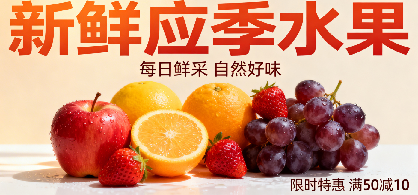 一张新鲜水果主题的商业横版海报，画面色彩鲜艳，包含多种新鲜饱满的应季水果，整体风格清新诱人，适合商业宣传使用预览效果